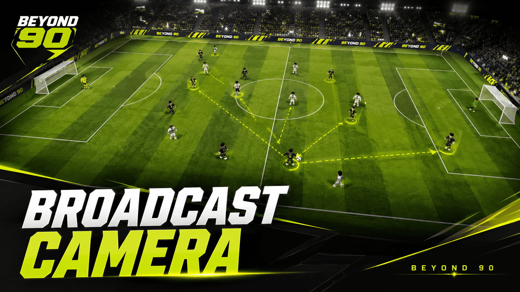 Beyond 90 football pitch shown through a broadcast camera view