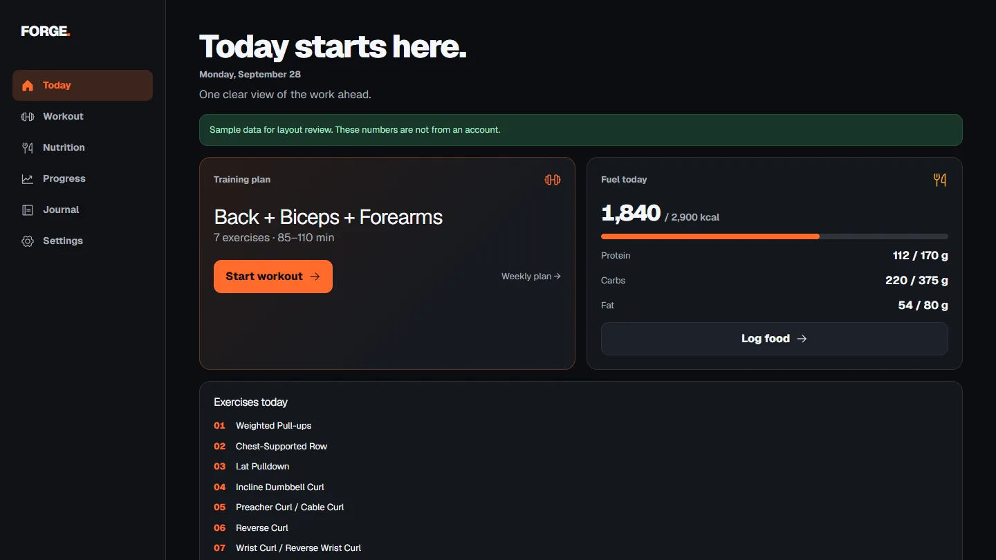 Forge dashboard showing a training plan, nutrition summary, and workout logging interface