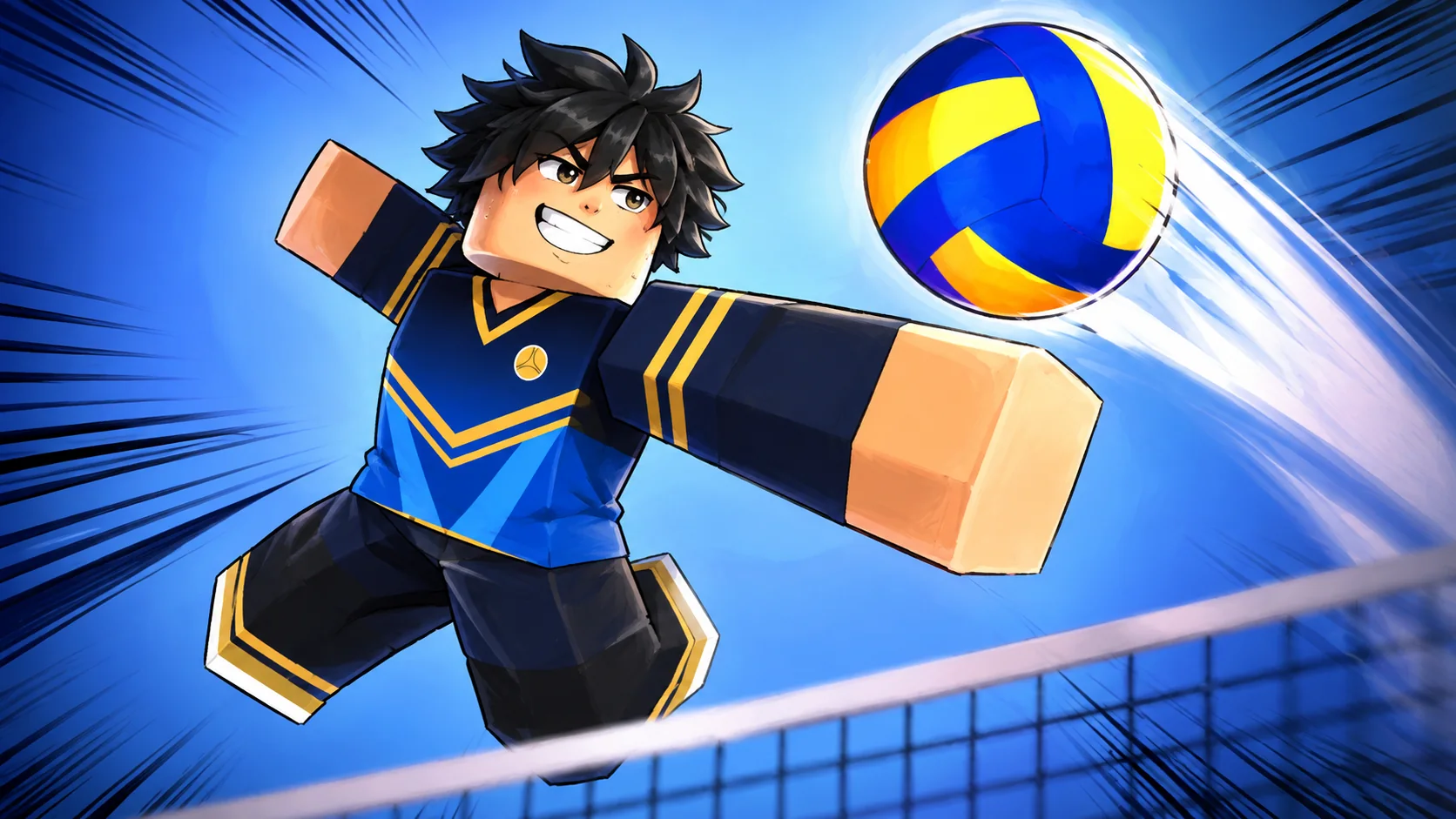 Promotional artwork of a Volleyball Rally player jumping to spike a blue and yellow ball