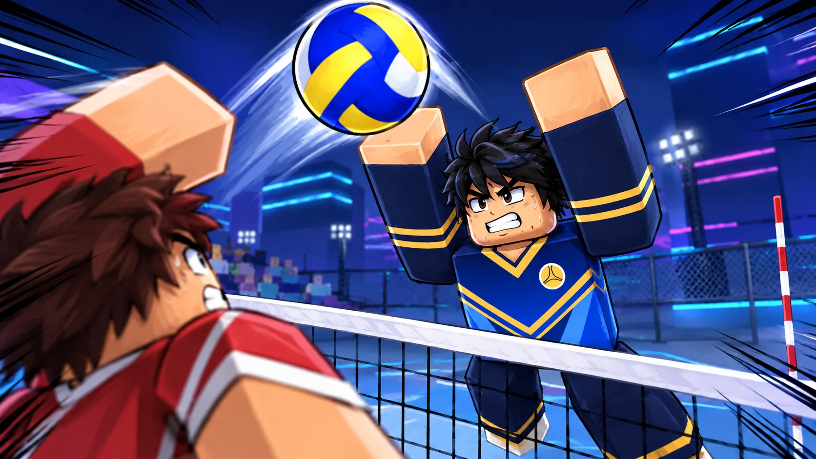 A blue-team player rising above the net to block a red-team opponent in Volleyball Rally promotional artwork