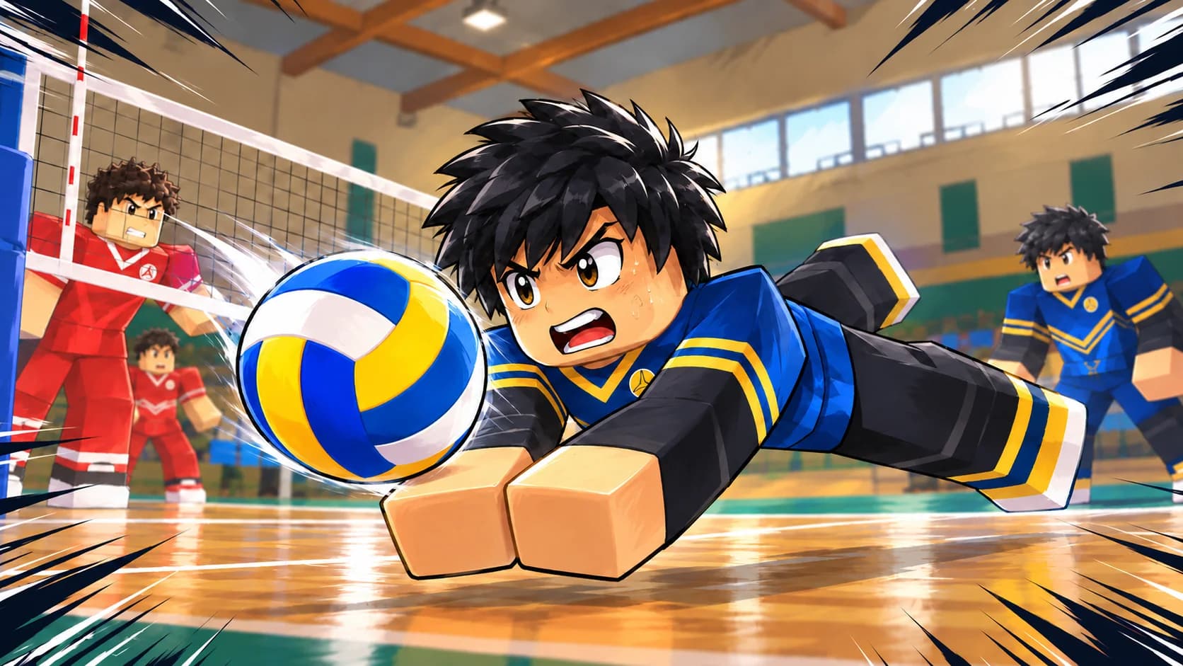 A Volleyball Rally player diving across the court to reach the ball while teammates and opponents watch