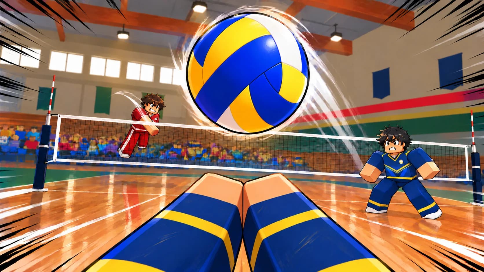 A court-level first-person illustration of a Volleyball Rally player receiving the ball over the net
