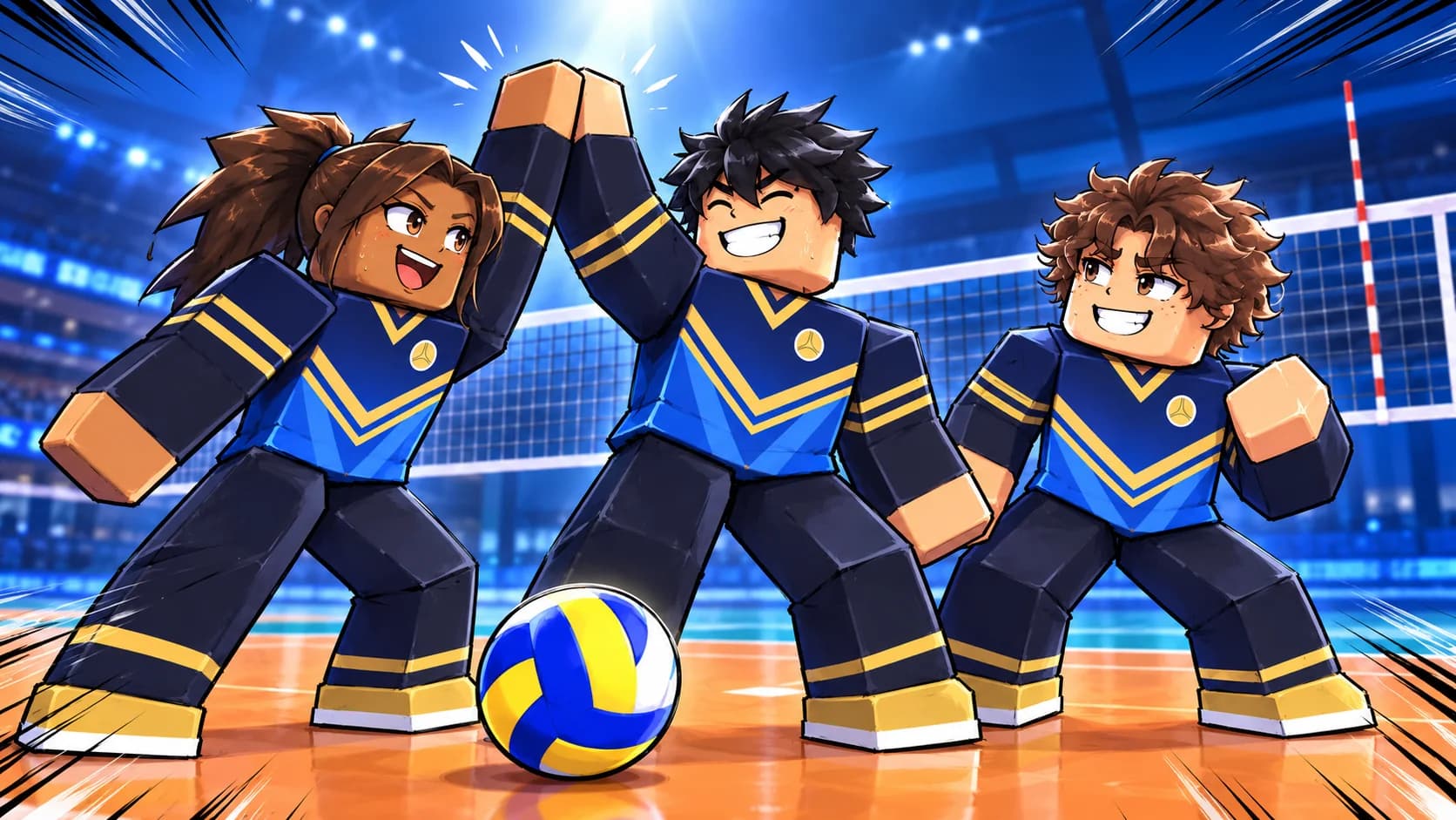 Three blue-team Volleyball Rally players celebrating together on an indoor court